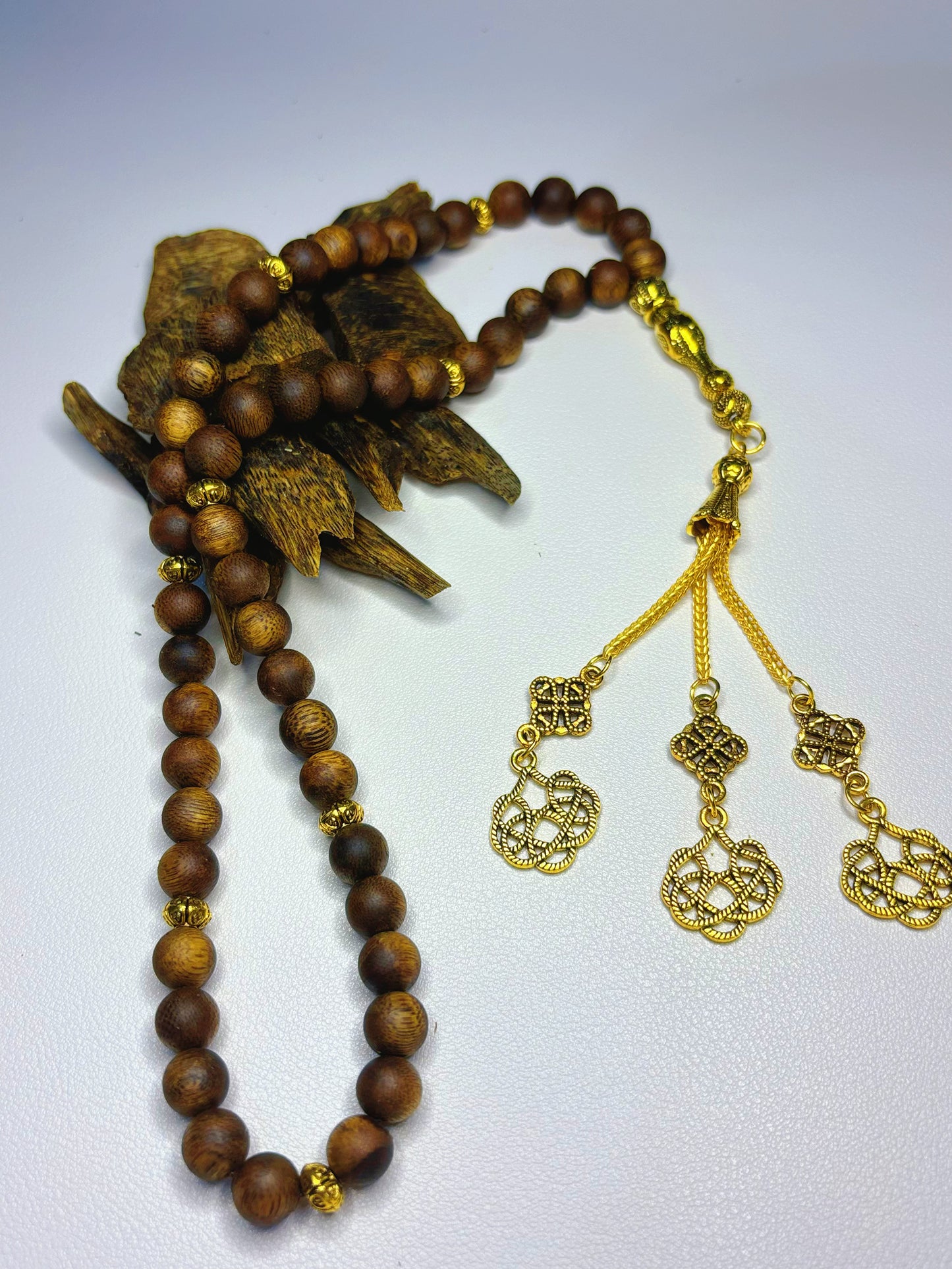 Agarwood Rosary (Authentic MASBAHA) | Gold Geometric Pattern Accent, Bless Owner with Glory & Wealth - 100% Natural Oud Wood, No Oil Soaked, Original Scent - China_Oud