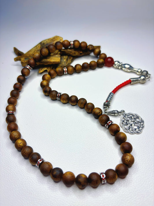 MASBAHA Oud Wood Rosary | Red Geometric Detail, Blessing for Life Passion - 100% Pure Agarwood, No Artificial Oil, Native Scent - China_Oud