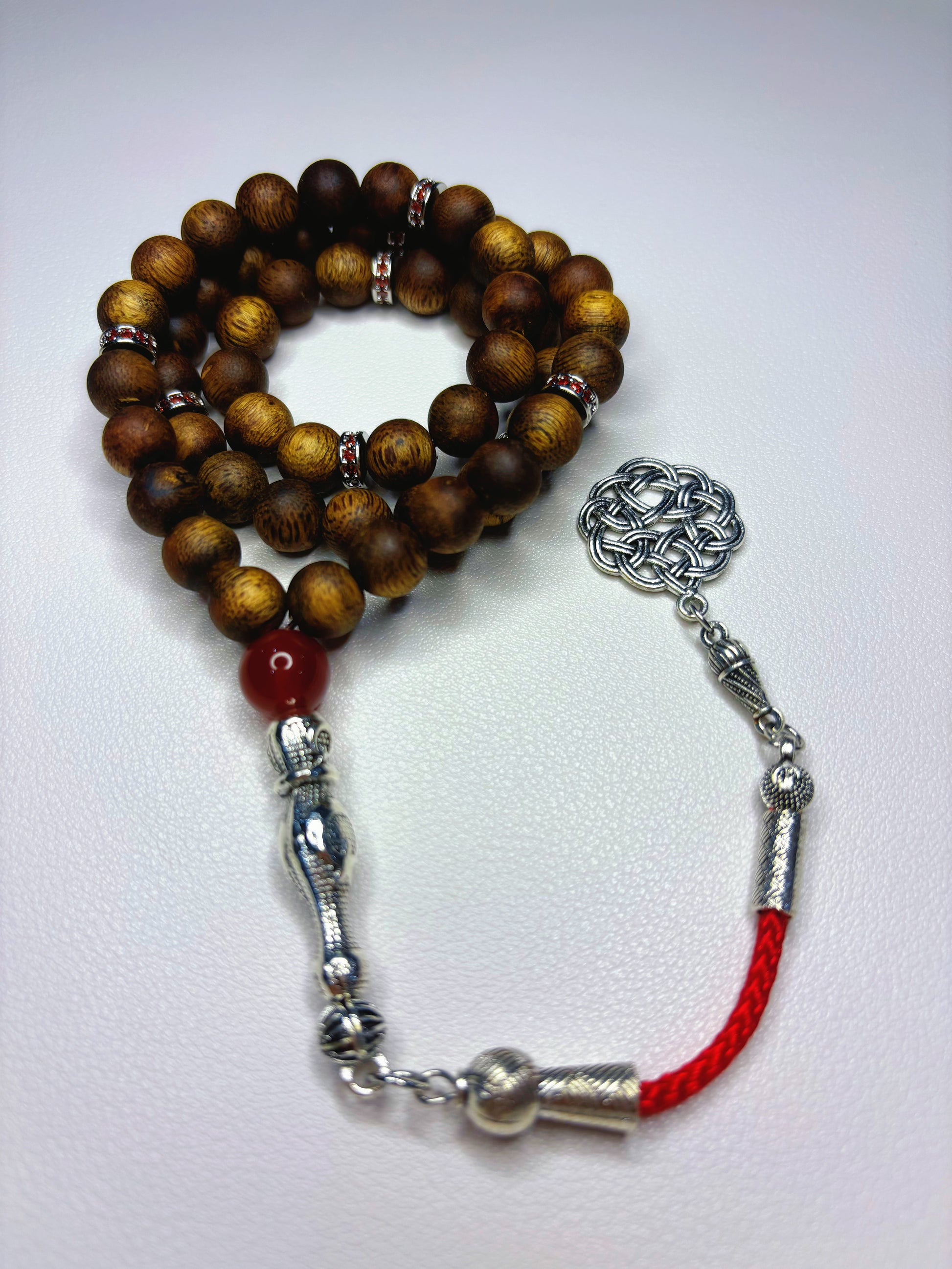 MASBAHA Oud Wood Rosary | Red Geometric Detail, Blessing for Life Passion - 100% Pure Agarwood, No Artificial Oil, Native Scent - China_Oud