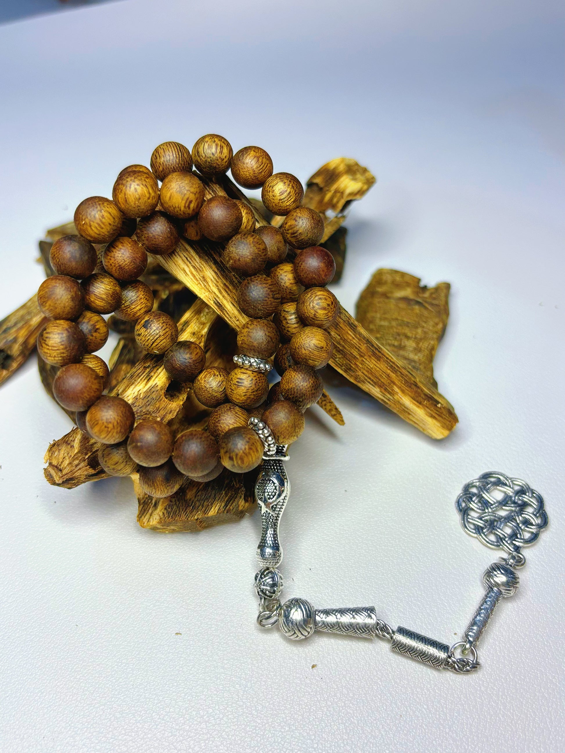 Agarwood Rosary (Authentic MASBAHA) | Silver Geometric Pattern Accent, Radiating Silver Glow, Blessing with Moon-like Purity - 100% Natural Oud Wood, No Oil Soaked, Original Agarwood Scent & Premium Royal Incense Notes - China_Oud