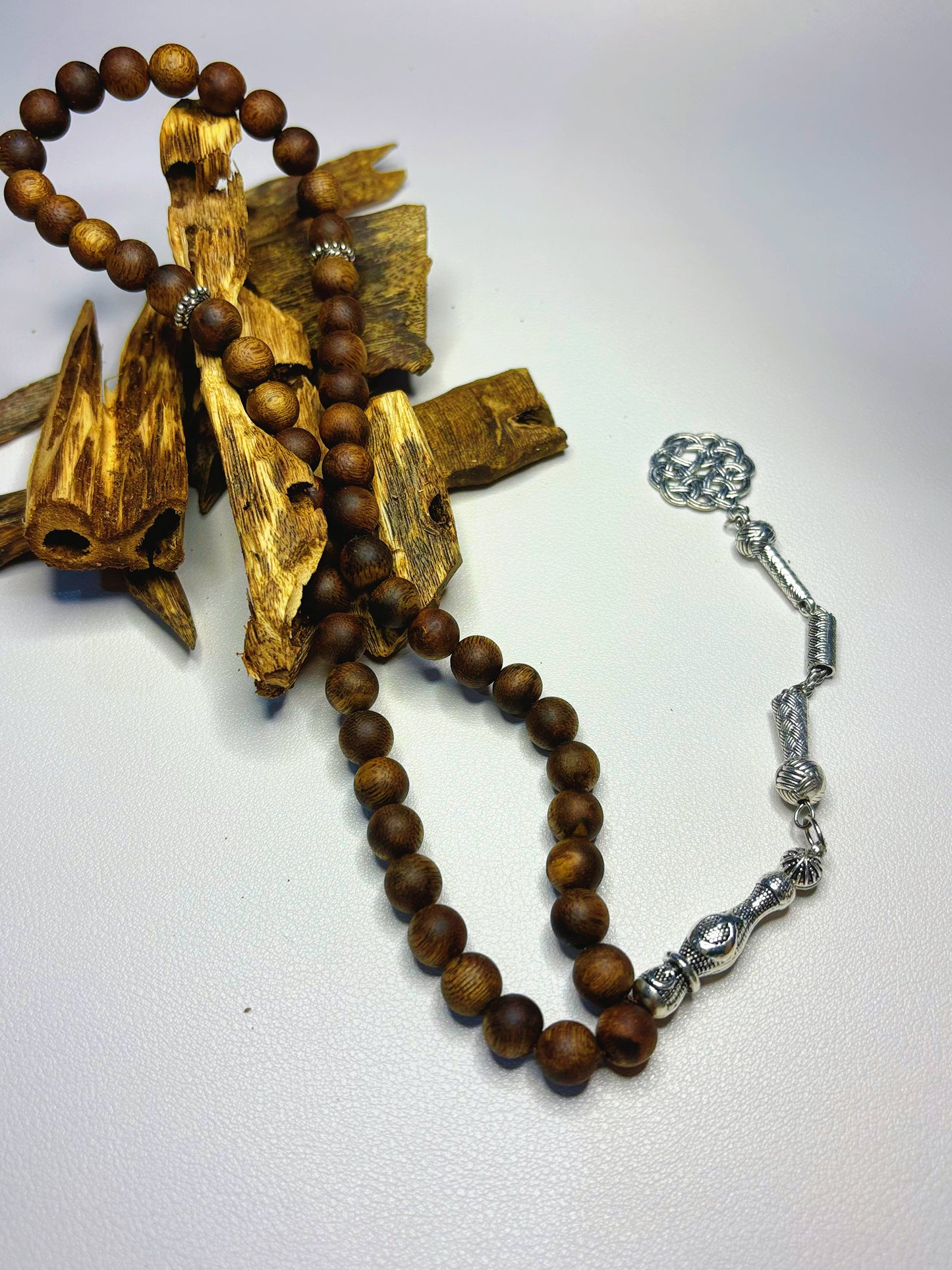 Agarwood Rosary (Authentic MASBAHA) | Silver Geometric Pattern Accent, Radiating Silver Glow, Blessing with Moon-like Purity - 100% Natural Oud Wood, No Oil Soaked, Original Agarwood Scent & Premium Royal Incense Notes - China_Oud