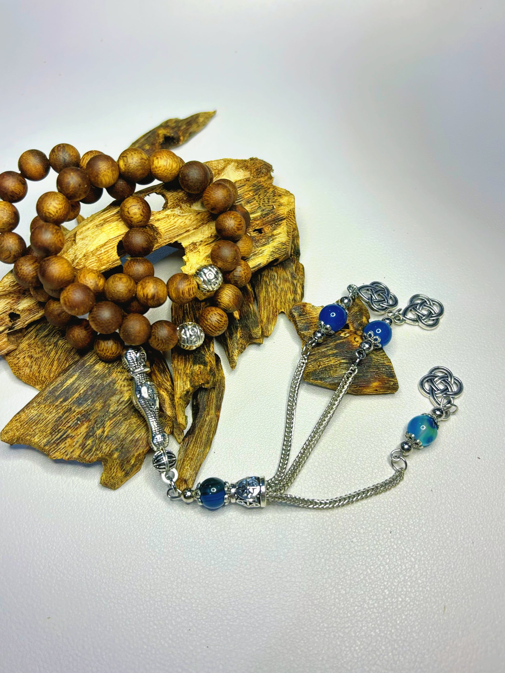 Agarwood Rosary (Authentic MASBAHA) | Blue & Green Beads Accent, Bless Owner with Vitality & Vitality of Life - 100% Natural Oud Wood, No Oil Soaked, Original Scent - China_Oud