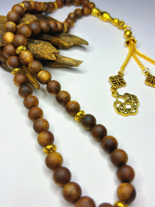 Agarwood Rosary (Authentic MASBAHA) | Gold Geometric Pattern Accent, Bless Owner with Glory & Wealth - 100% Natural Oud Wood, No Oil Soaked, Original Scent - China_Oud