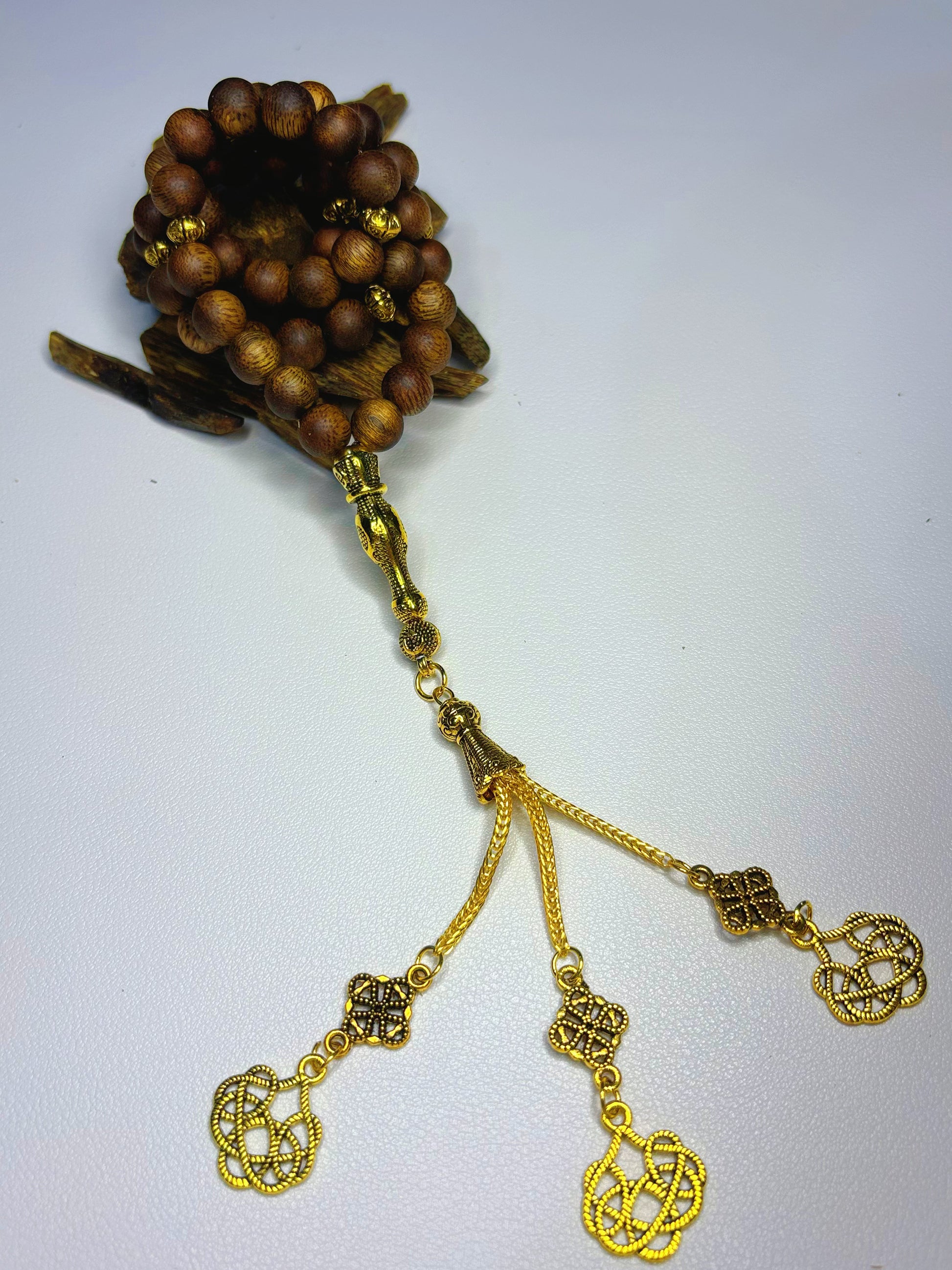Agarwood Rosary (Authentic MASBAHA) | Gold Geometric Pattern Accent, Bless Owner with Glory & Wealth - 100% Natural Oud Wood, No Oil Soaked, Original Scent - China_Oud