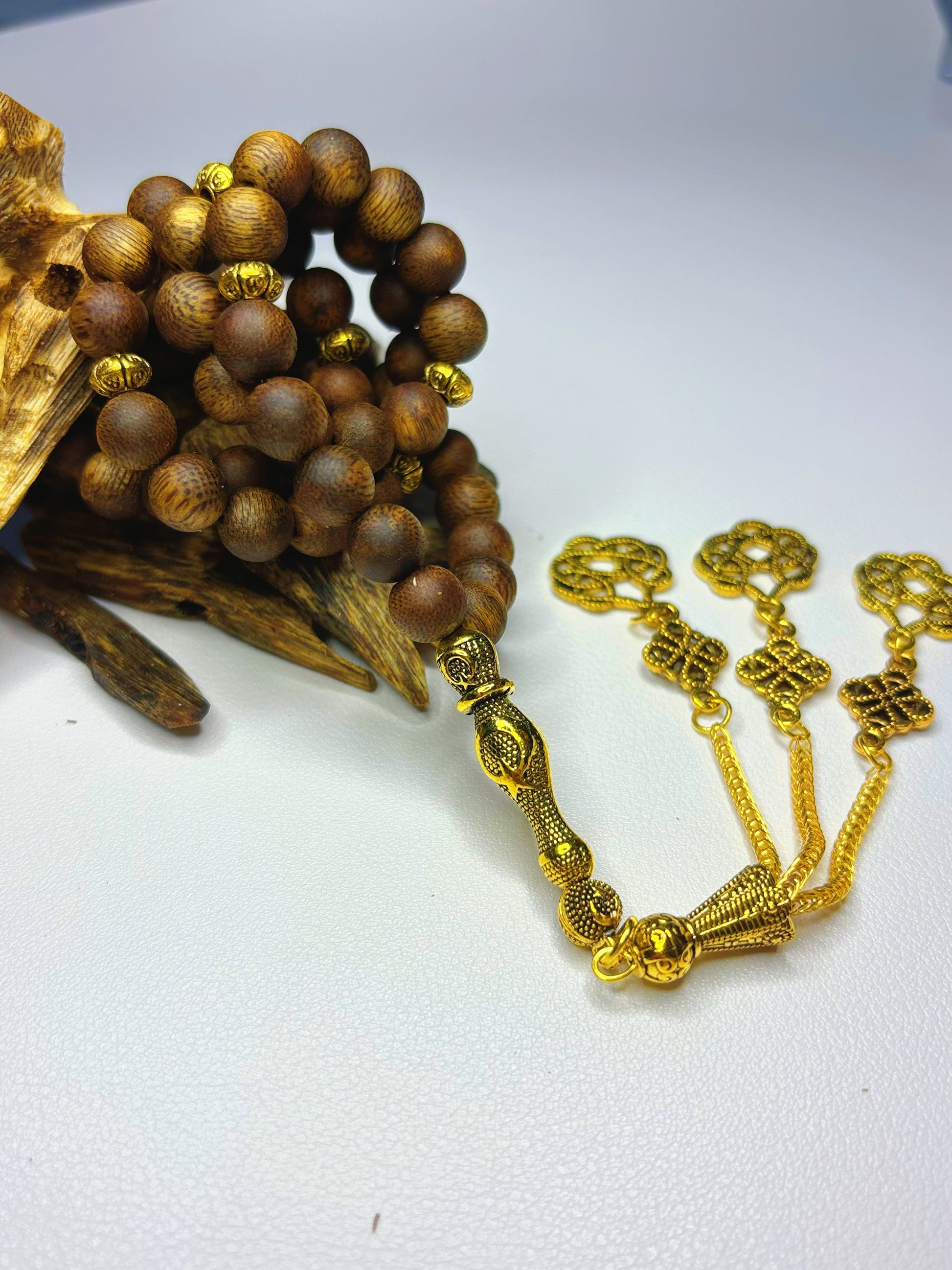 Agarwood Rosary (Authentic MASBAHA) | Gold Geometric Pattern Accent, Bless Owner with Glory & Wealth - 100% Natural Oud Wood, No Oil Soaked, Original Scent - China_Oud